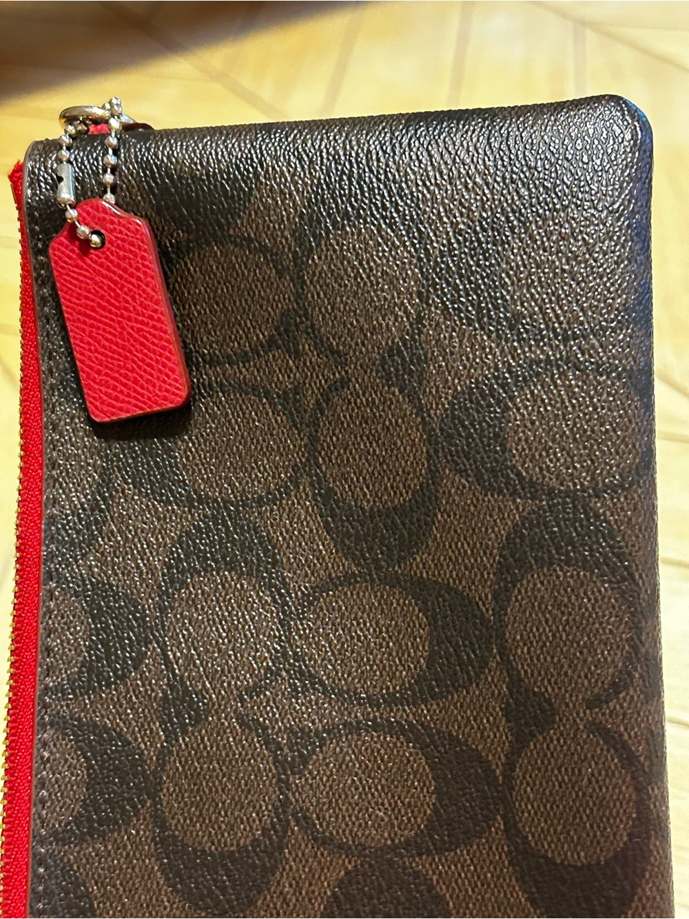 Coach Signature Brown Monogram Double Zip Wallet Red Trim - Picture 2 of 11